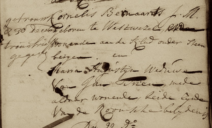 De trouwinschrijving van Cornelis en Maria Augustijn, 1764. Er werd nogal wat doorgestreept, hierboven was de dominee al per ongeluk begonnen met Maria Augustijn zonder Cornelis te vermelden. (Afbeelding: NH Trouwboek Steenbergen 1749-1779/Genver)