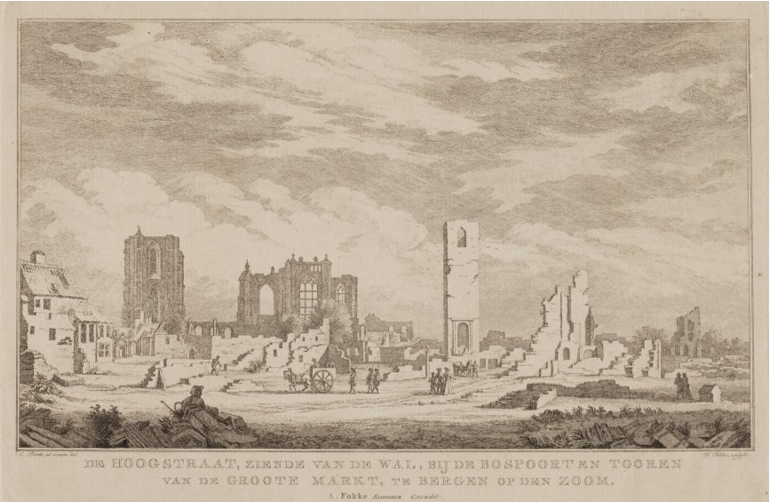 Een totaal verwoeste Hoogstraat en Kerkstraat na de inname van 1747 waarbij Johannes Stadthouders om het leven kwam. De puinhopen geven goed de bruutheid en schadelijkheid van de aanval weer; zelfs de Peperbus raakte 'ontkroond'. (Afbeelding: S. Fokke/RHC 't Markiezenhof)