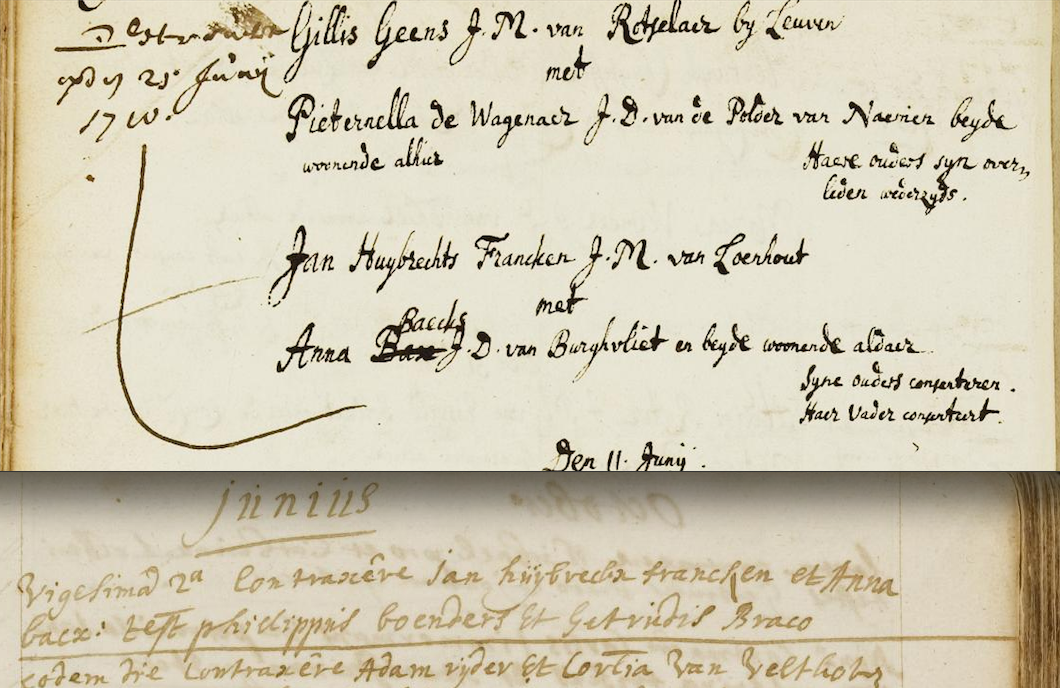 De RK & NH trouwakte van Jan en Anna, 1710. (Afbeeldingen: RK Trouwboek Bergen op Zoom 1700-1723, NH Trouwboek Bergen op Zoom 1698-1712/RHC 't Markiezenhof)
