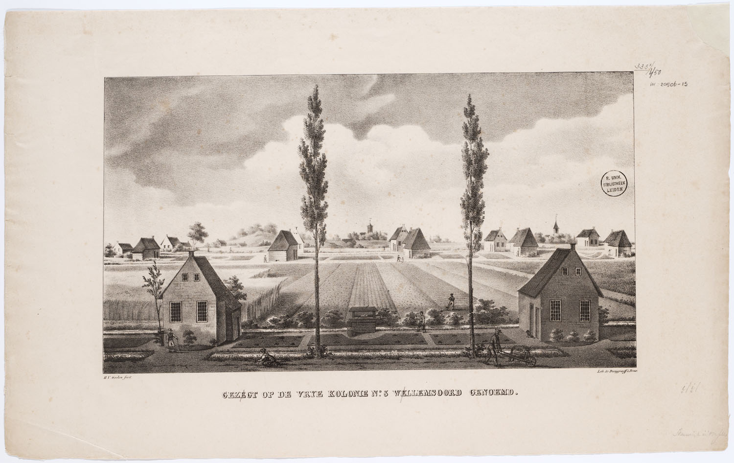 Zicht op Willemsoord, een andere veenkolonie van de Maatschappij voor Weldadigheid, in 1827. (Afbeelding: Universiteitsbibliotheek Leiden/Koninklijke Bibliotheek)